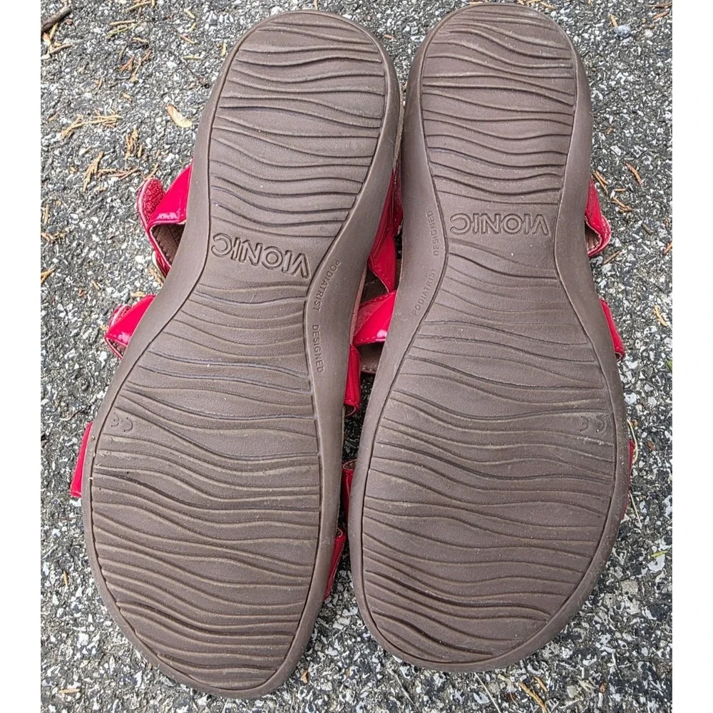 Vionic Misa (Sz 9) Sandals Women's Slides Red Patent Adjustable Straps Buckles